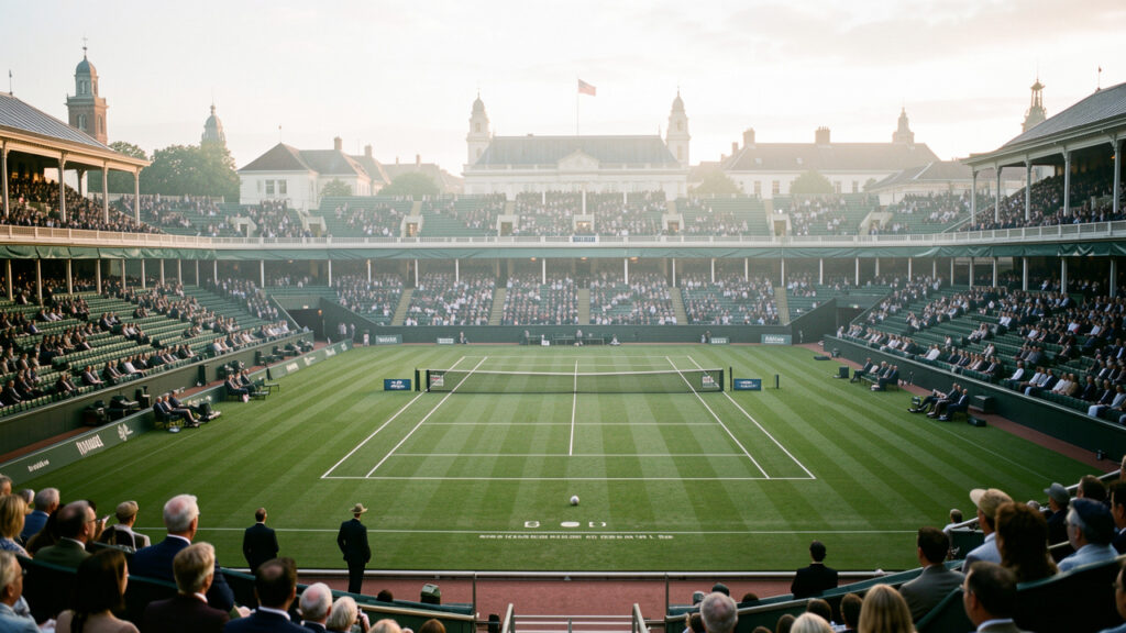Illustration réaliste et éditoriale d’un court de tennis central au milieu d’un gazon vert, dans un grand stade inspiré de Wimbledon, avec un public élégant à Londres sous une lumière naturelle de fin d’après-midi.