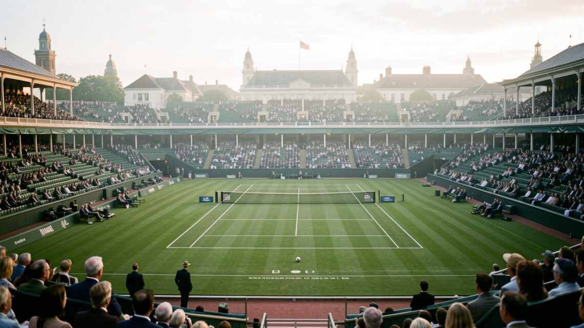 Illustration réaliste et éditoriale d’un court de tennis central au milieu d’un gazon vert, dans un grand stade inspiré de Wimbledon, avec un public élégant à Londres sous une lumière naturelle de fin d’après-midi.