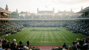 Illustration réaliste et éditoriale d’un court de tennis central au milieu d’un gazon vert, dans un grand stade inspiré de Wimbledon, avec un public élégant à Londres sous une lumière naturelle de fin d’après-midi.