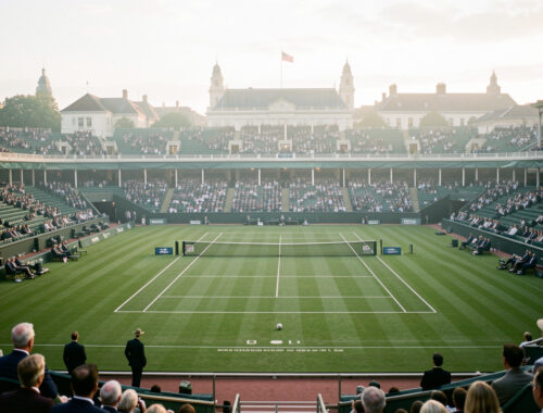 Illustration réaliste et éditoriale d’un court de tennis central au milieu d’un gazon vert, dans un grand stade inspiré de Wimbledon, avec un public élégant à Londres sous une lumière naturelle de fin d’après-midi.