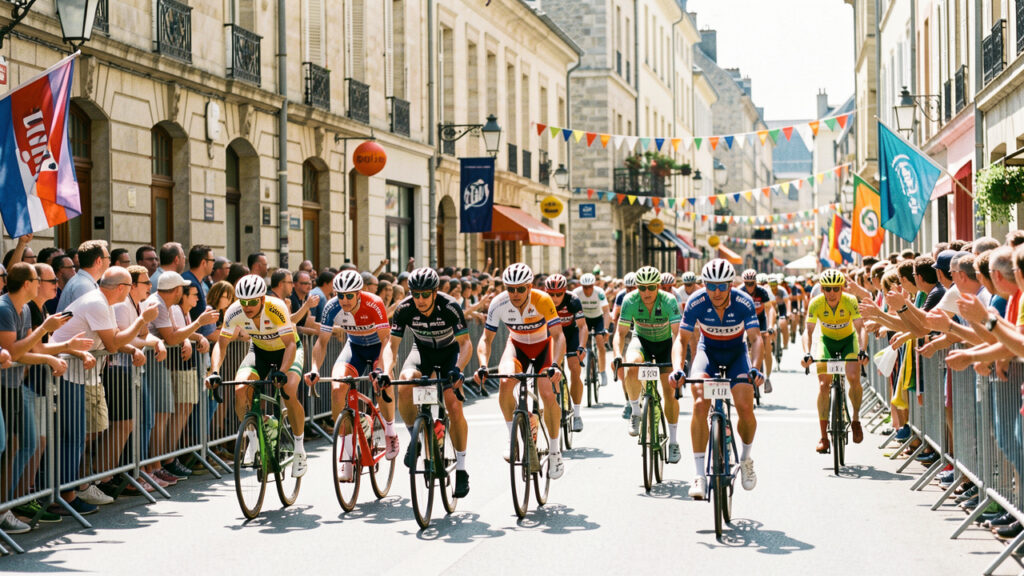 Peloton de cyclistes hommes et femmes traversant une ville française en été, avec une foule dense derrière les barrières et des décorations colorées.