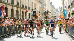 Peloton de cyclistes hommes et femmes traversant une ville française en été, avec une foule dense derrière les barrières et des décorations colorées.
