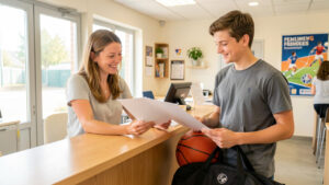 Une mère et son adolescent au comptoir d’un club sportif lumineux, avec un dossier d’inscription vierge et du matériel de sport.