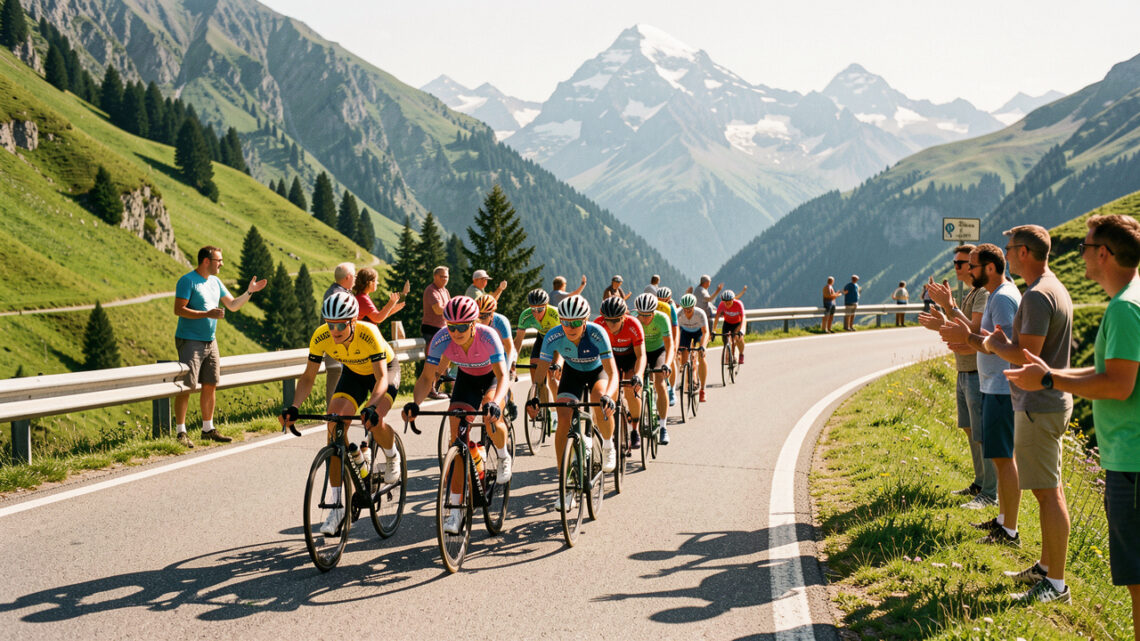 Peloton féminin professionnel roulant sur une route alpine française, avec des montagnes en arrière-plan et des spectateurs au bord de la chaussée sous une lumière estivale.