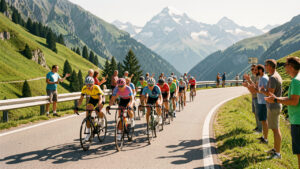 Peloton féminin professionnel roulant sur une route alpine française, avec des montagnes en arrière-plan et des spectateurs au bord de la chaussée sous une lumière estivale.
