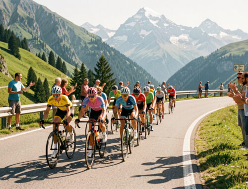 Peloton féminin professionnel roulant sur une route alpine française, avec des montagnes en arrière-plan et des spectateurs au bord de la chaussée sous une lumière estivale.