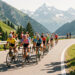 Peloton féminin professionnel roulant sur une route alpine française, avec des montagnes en arrière-plan et des spectateurs au bord de la chaussée sous une lumière estivale.