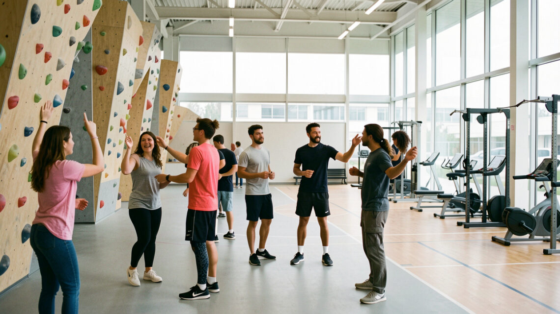 Groupe diversifié de jeunes adultes, deux femmes et deux hommes, choisissant des activités sportives dans un complexe moderne baigné de lumière naturelle.