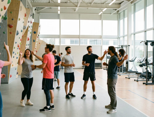 Groupe diversifié de jeunes adultes, deux femmes et deux hommes, choisissant des activités sportives dans un complexe moderne baigné de lumière naturelle.