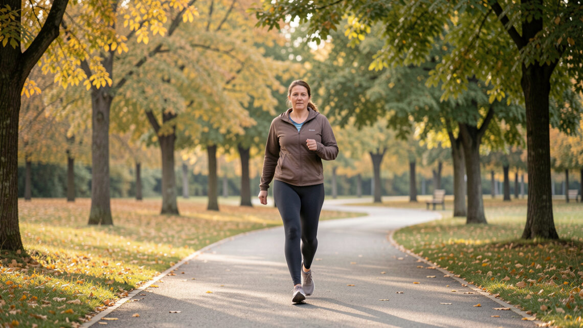 Une femme adulte en tenue de sport reprend une marche active sur un chemin de parc au début de l’automne, sous une lumière douce, avec une posture détendue et naturelle.