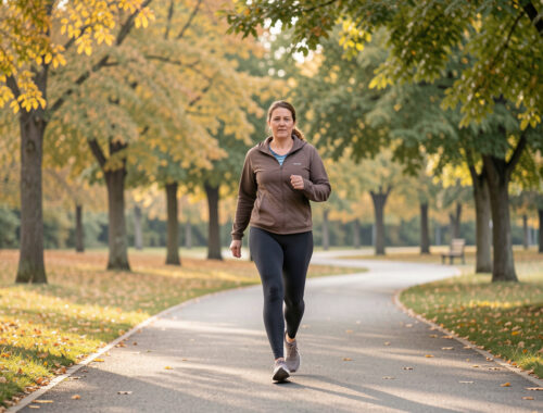 Une femme adulte en tenue de sport reprend une marche active sur un chemin de parc au début de l’automne, sous une lumière douce, avec une posture détendue et naturelle.
