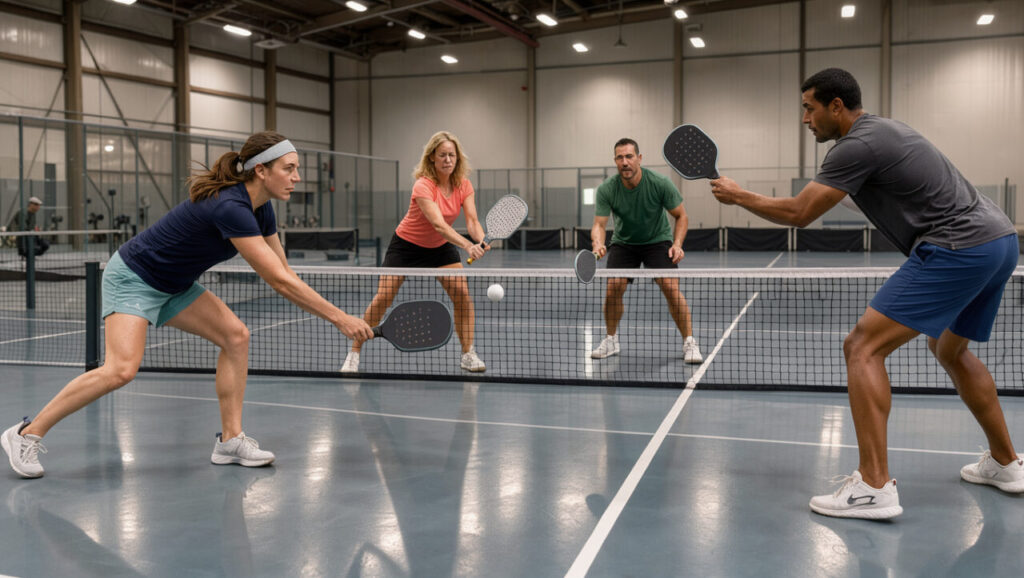 Deux femmes et deux hommes jouent au pickleball sur un terrain intérieur lumineux près d’Arras, avec une balle perforée visible.