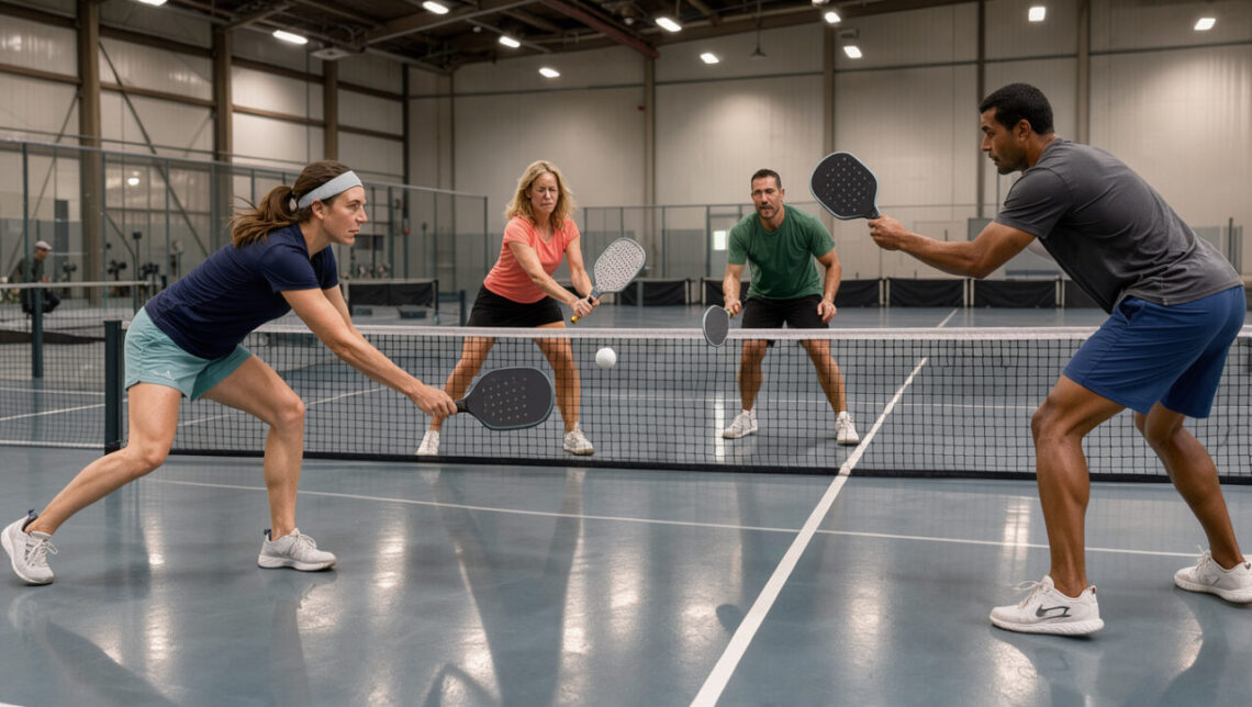 Deux femmes et deux hommes jouent au pickleball sur un terrain intérieur lumineux près d’Arras, avec une balle perforée visible.