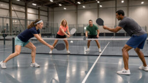Deux femmes et deux hommes jouent au pickleball sur un terrain intérieur lumineux près d’Arras, avec une balle perforée visible.