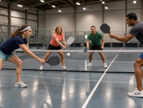 Deux femmes et deux hommes jouent au pickleball sur un terrain intérieur lumineux près d’Arras, avec une balle perforée visible.