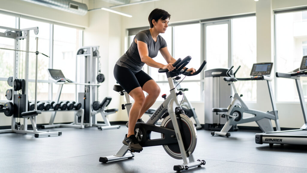 Athlète adulte de petite taille s’entraînant sur un vélo adapté dans une salle de sport lumineuse, avec les réglages ergonomiques visibles.