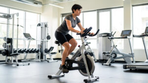 Athlète adulte de petite taille s’entraînant sur un vélo adapté dans une salle de sport lumineuse, avec les réglages ergonomiques visibles.