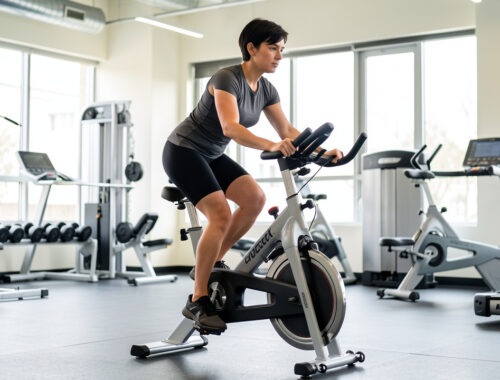 Athlète adulte de petite taille s’entraînant sur un vélo adapté dans une salle de sport lumineuse, avec les réglages ergonomiques visibles.