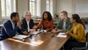 Débat public dynamique sur la politique sportive réunissant des dirigeants de clubs et des bénévoles dans une salle municipale.