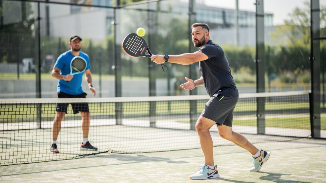 Deux hommes amateurs de padel en double se préparent pour un service sur un terrain vitré, dans une ambiance lumineuse et réaliste.