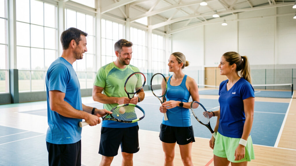 Deux hommes et deux femmes adultes comparent des raquettes de tennis dans un complexe sportif lumineux à Créteil.