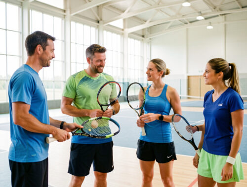 Deux hommes et deux femmes adultes comparent des raquettes de tennis dans un complexe sportif lumineux à Créteil.
